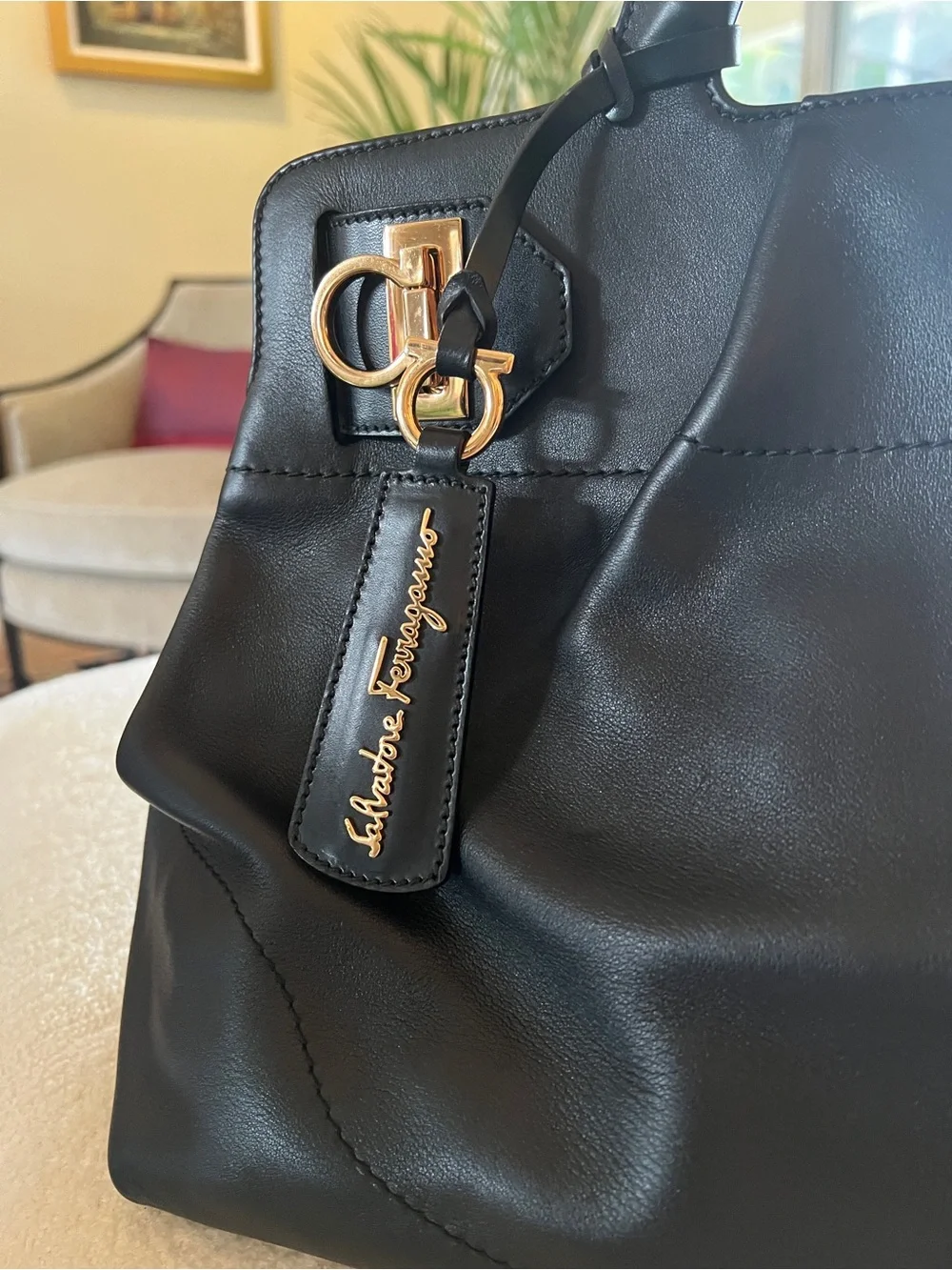 Black Leather Satchel with Gold Hardware